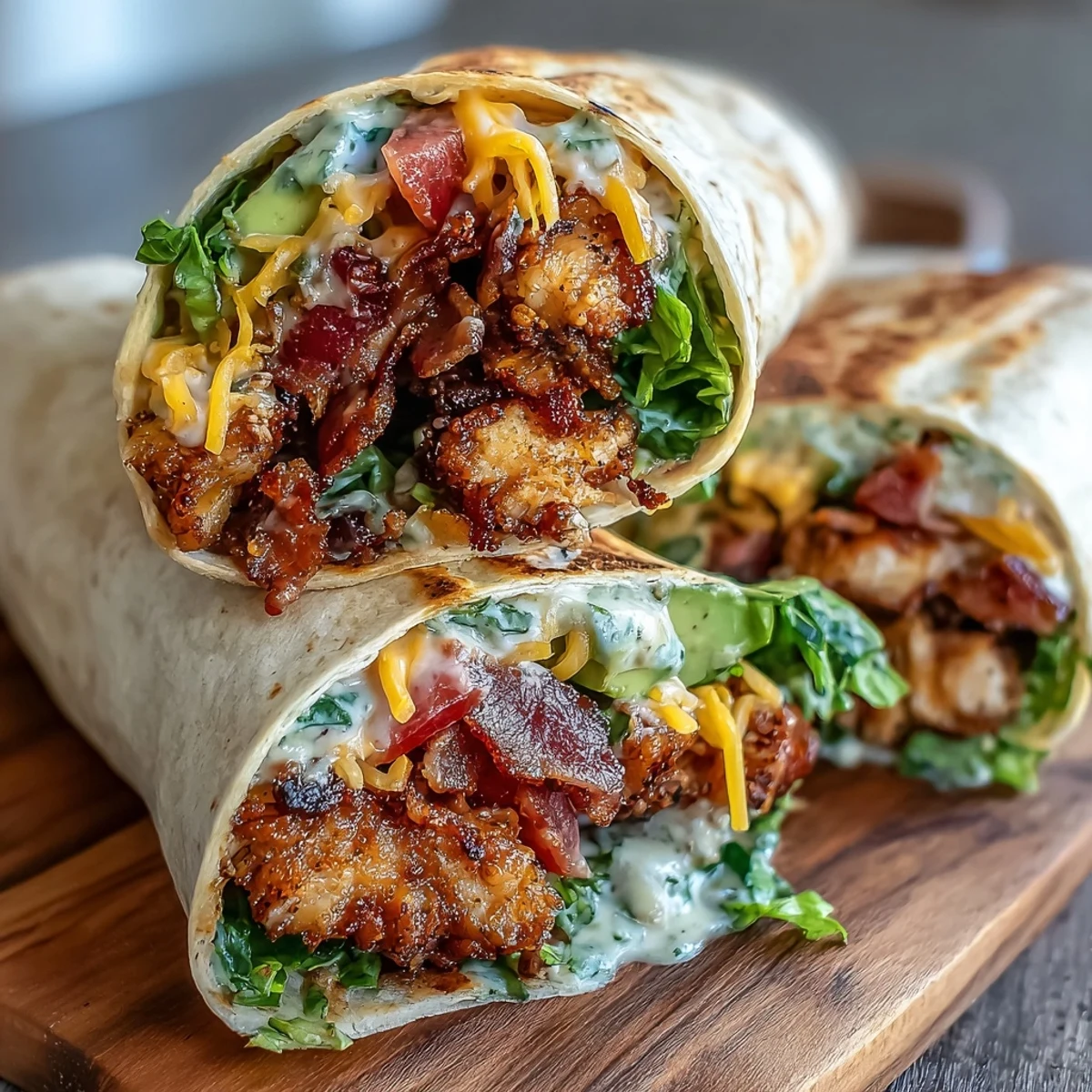Crispy Chicken Bacon Wrap sliced in half, showing creamy avocado and tangy sauce.