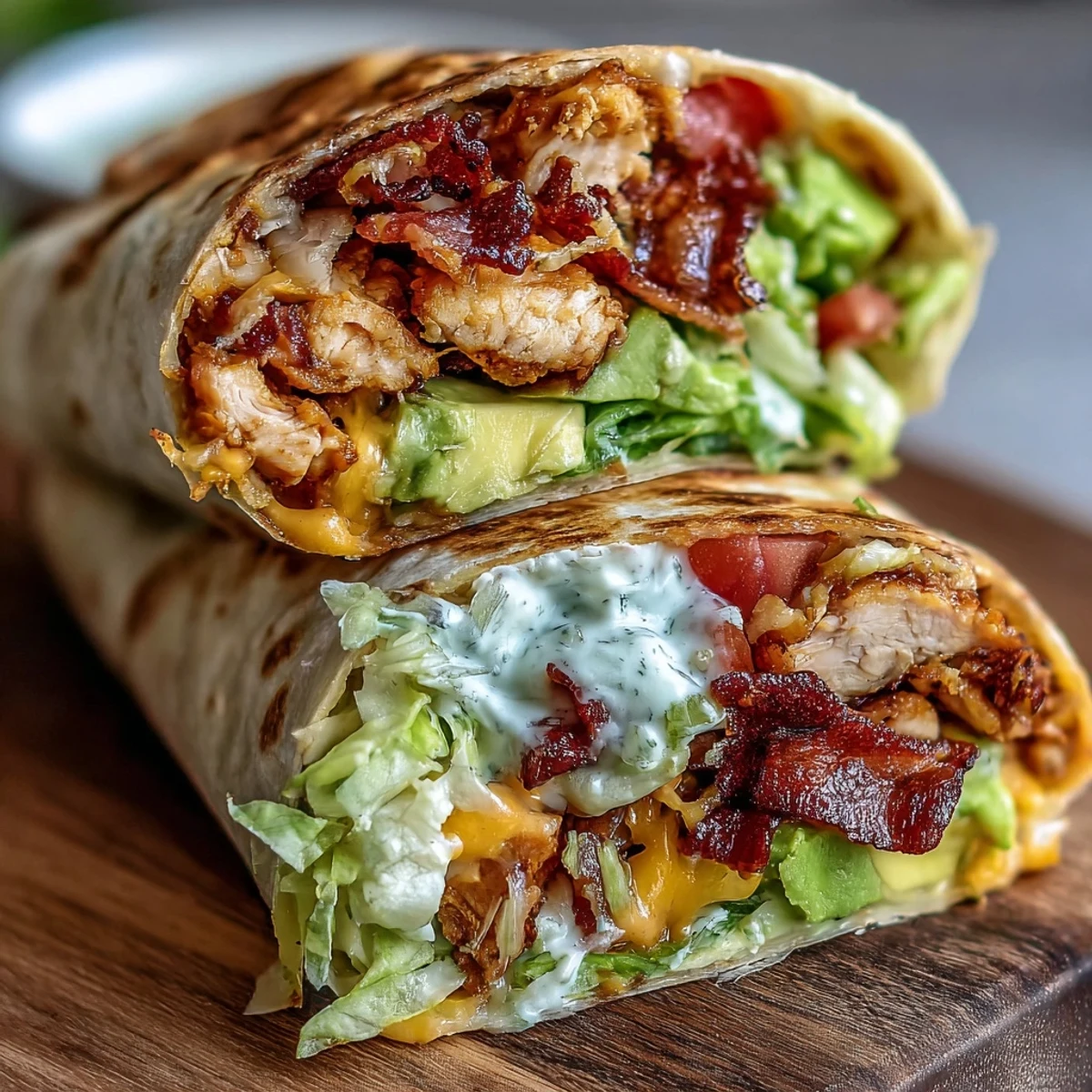 Warm Crispy Chicken Bacon Wrap with melted cheese and diced tomatoes in tortilla.