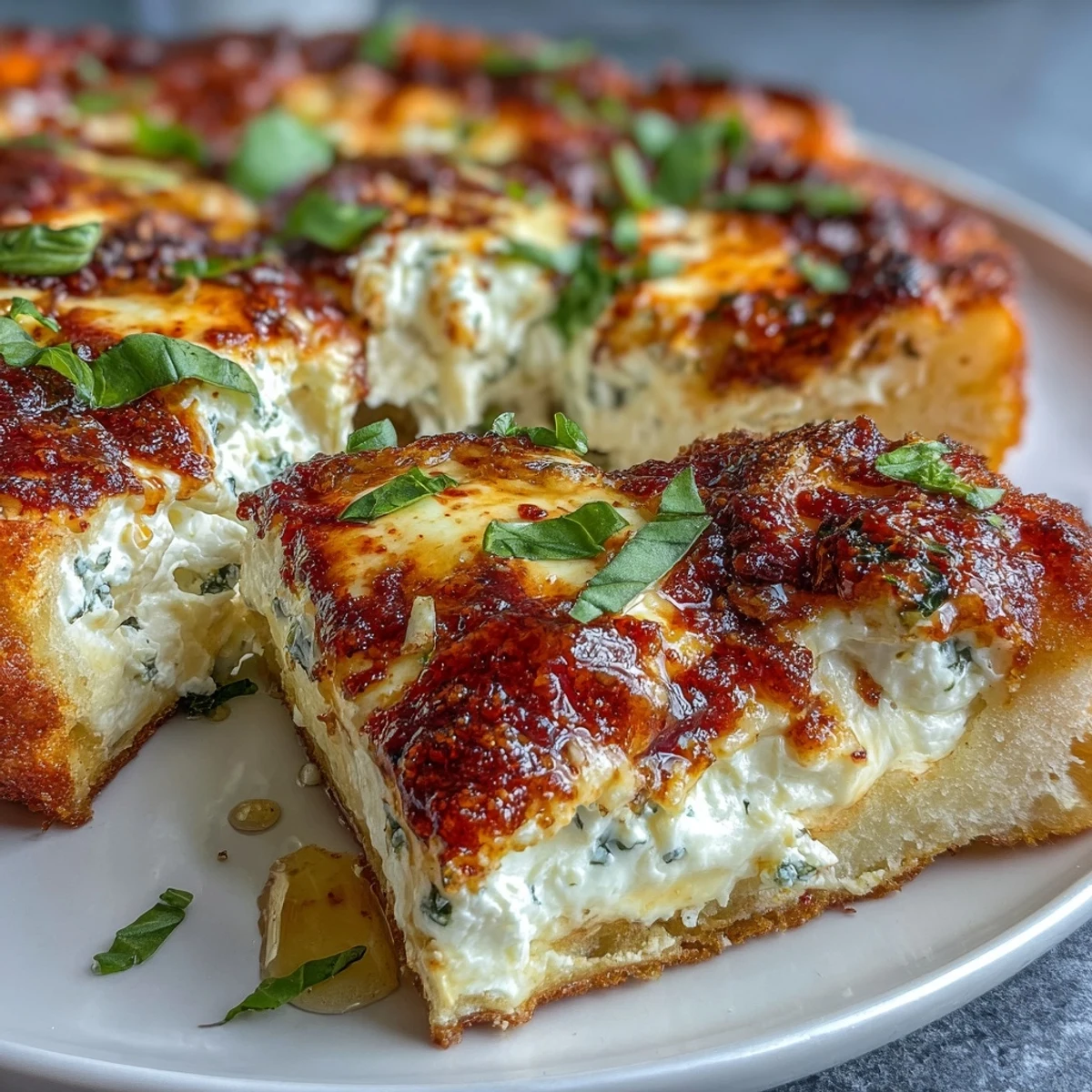A close-up of Hot Honey Ricotta Pizza with golden cheese, fresh basil, and spicy honey drizzle ready to serve.