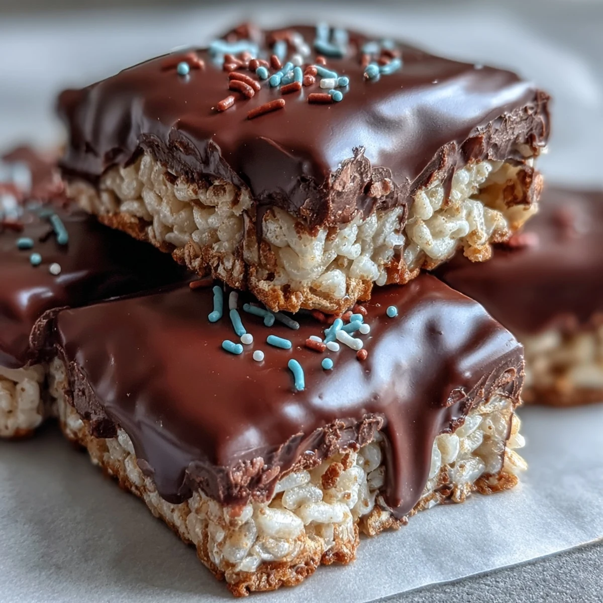 Homemade Chocolate Covered Rice Krispy Treats on a wire rack, showing a thick chocolate layer with a smooth, shiny finish.
