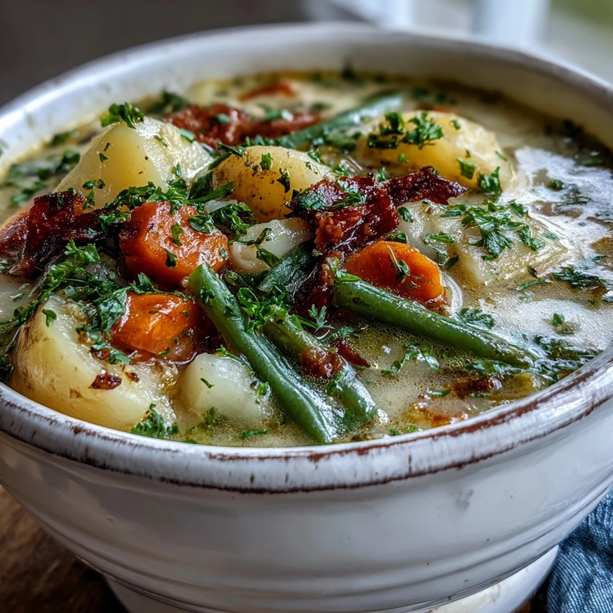 Close-up of Amish Snow Day Soup showing corn, potatoes, and carrots in a velvety cream broth.