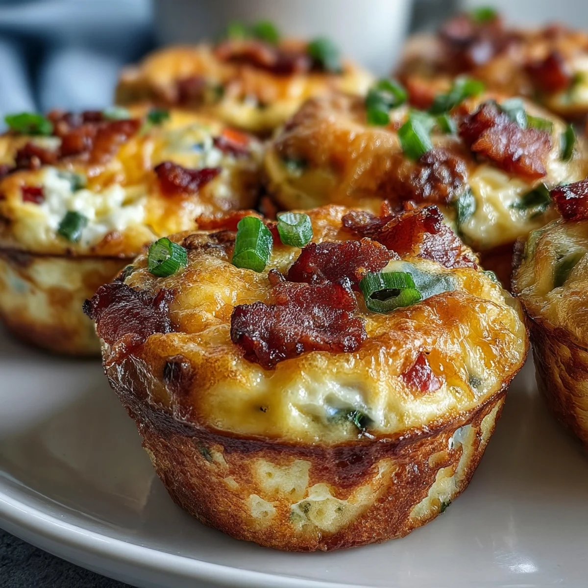 Close-up of a cut-in-half Breakfast Egg Muffin revealing moist, savory interior with melted cheddar cheese, smoky bacon bits, and tender bell peppers, resting on a white plate.