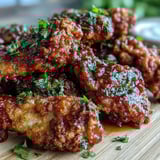 Fried Chicken Wings drizzled with Thai sweet chili sauce, garnished with fresh scallions on a rustic plate.