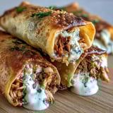 Four Mini Chicken Chimis with Jalapeño Cream Cheese are arranged on a serving board, garnished with fresh cilantro and lime wedges.