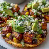 A vibrant platter of Black Bean and Sweet Potato Tostadas topped with crumbled feta and fresh cilantro for a zesty finish.