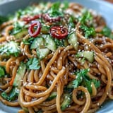 Refreshing cold sesame noodle bowl topped with crisp cucumber, carrots, and fresh herbs, drizzled in savory sesame dressing.  
