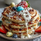 Fluffy pancakes in pastel hues, shaped like Easter eggs and topped with fresh berries and mini marshmallows.  
