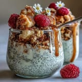 A vibrant breakfast parfait featuring lemon chia pudding, fresh raspberries, and granola for a refreshing start.  