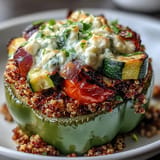 Mediterranean-inspired bell peppers filled with fluffy quinoa, cherry tomatoes, and zucchini, topped with melted goat cheese for a flavorful dinner.  