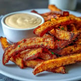 Golden air fryer sweet potato fries served with a spicy chipotle aioli.