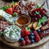 Colorful summer charcuterie spread showcasing prosciutto, brie, and juicy berries.