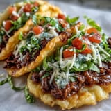 Savory beef filling nestled in light, airy cloud bread taco shells pictured.