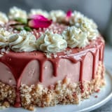 Blush pink Rosé Velvet Cake, glistening with molten gold, a festive treat awaits.