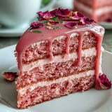 Elegant pink velvet cake with rosé wine, ready for a celebratory bridal shower feast.