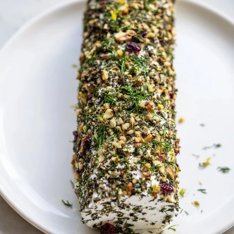 Creamy Winter Snowdrift Goat Cheese Log, covered in herbs and nuts, ready for serving with crackers.