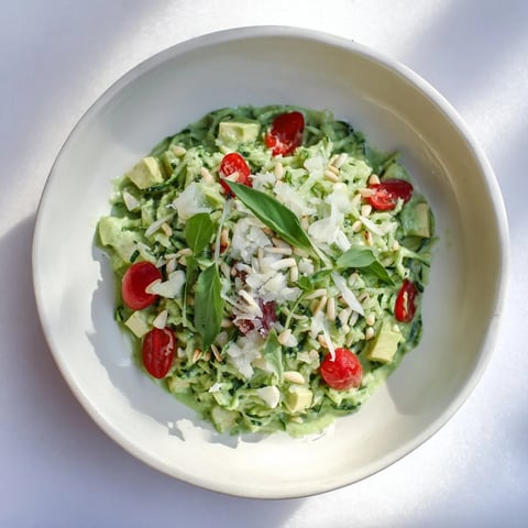 Creamy Green Goddess Zoodle Pasta: freshly spiralized zucchini with vibrant green sauce and ripe tomatoes.
