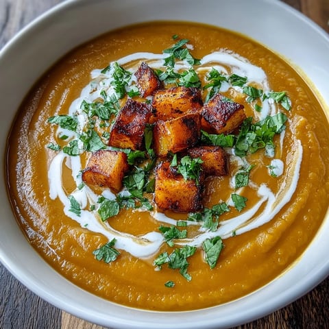 A bowl of creamy Butternut Squash and Lentil Soup garnished with cilantro and a coconut swirl, perfect for cozy autumn dinners.