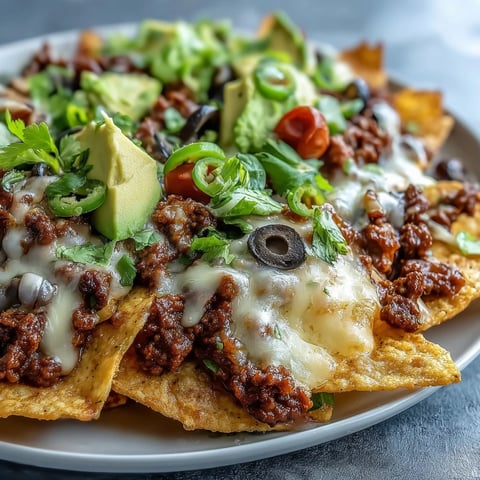 Freshly baked Baked Nachos with melted cheddar and Monterey Jack cheese bubbling over seasoned ground beef and crispy tortilla chips.