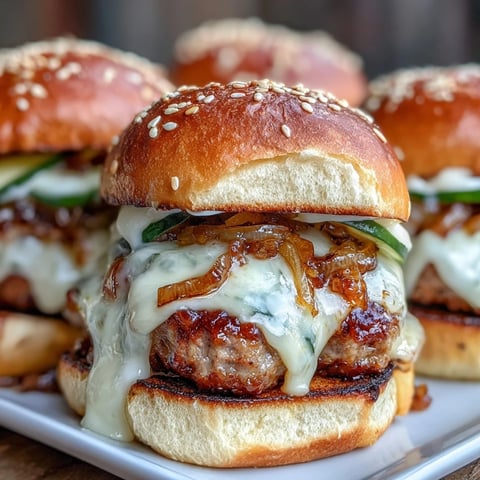 Golden-brown Touchdown Brat Sliders with beer cheese sauce and caramelized onions on toasted sesame buns.