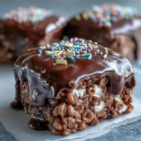 Close-up of glossy, chocolate-covered Rice Krispy Treats with bright rainbow sprinkles, showing crispy texture and a rich, melted chocolate topping.