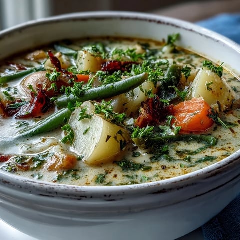 Hearty bowl of Amish Snow Day Soup brimming with tender vegetables in a creamy thyme-infused broth.
