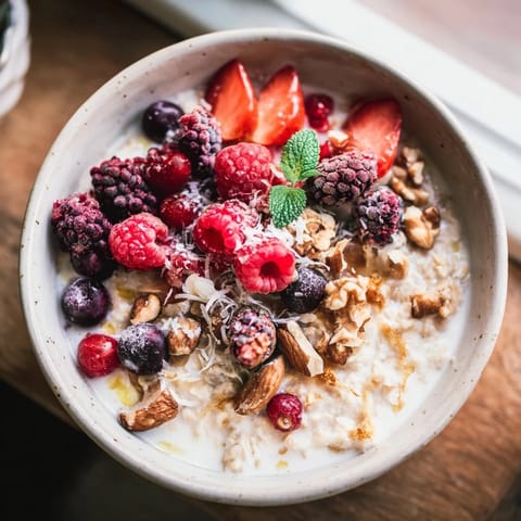 Enjoy a spoonful of chilled Overnight Oats with Berries and Honey, drizzled with sweet honey.