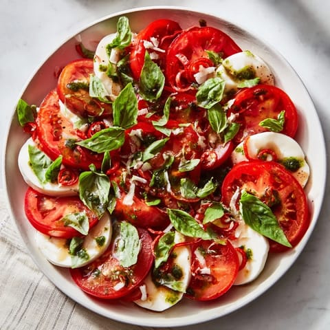Tempting Caprese salad presentation, drizzled with zesty basil vinaigrette, ready to be enjoyed.