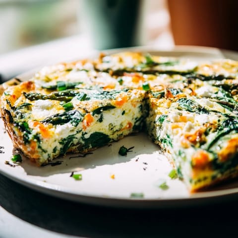 A delectable close-up of the fully-baked frittata with spring greens and goat cheese, sliced and ready.