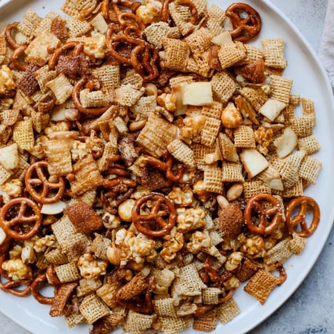 Festive Party Mix featuring pretzels, peanuts, and apple chips, perfect for a holiday snack.