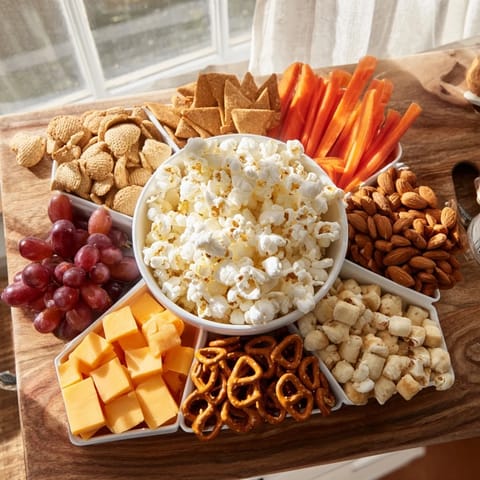 This easy Movie Night Munchie Board offers a delicious mix of sweet and savory treats for sharing.