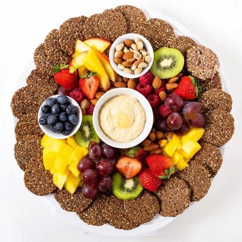 The Hidden Oasis appetizer: colorful fruits with creamy dips surrounded by crackers and nuts, shared.