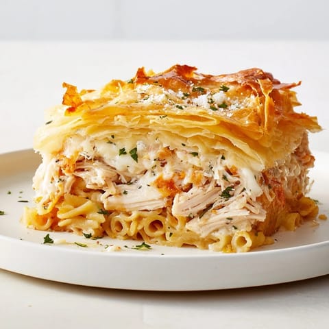 A close-up reveals layers of crispy phyllo and creamy, cheesy filling in this Chicken and Pasta Crinkle Cake.