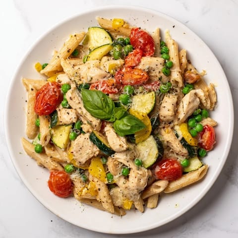 Warm, appetizing image of The Last Bite Chicken Pasta, served with a sprinkle of fresh parmesan.