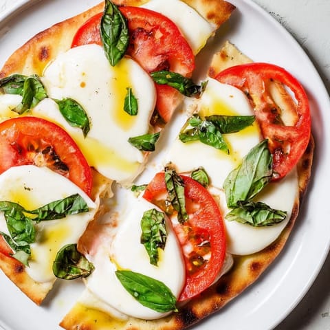 Crispy Quick Margherita Naan Pizza flatbread: a warm slice, topped with bubbling cheese and basil.