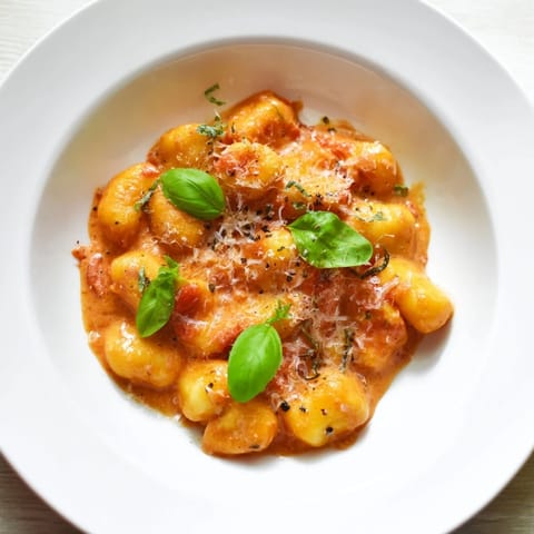 Warm, creamy Creamy Tomato Gnocchi, garnished with basil and Parmesan, is ready to be devoured.