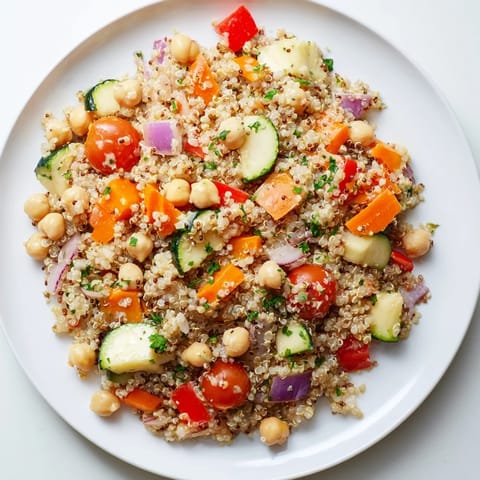 A colorful quinoa power salad: fluffy grains, chickpeas, and a bright tahini-lemon dressing.