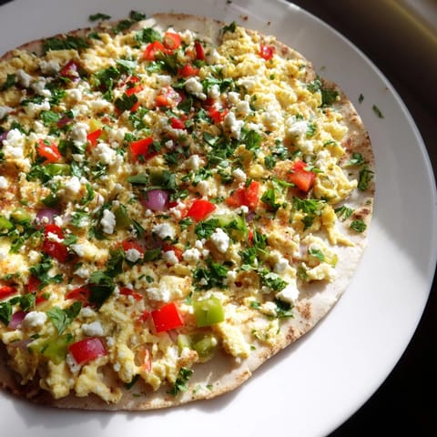 This homemade Turkish Menemen Eggs Pizza features vibrant scrambled eggs and peppers, ready to eat.