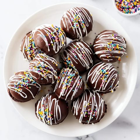 Six handmade hot chocolate bombs with marshmallow-filled centers sit beside a steaming mug of milk, ready to be dropped in for a creamy drink. 