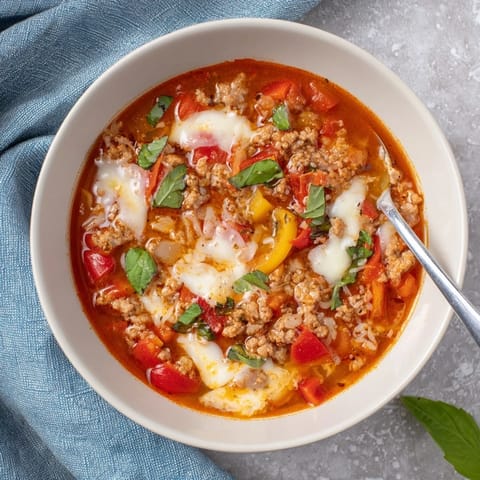 Savory Italian sausage and red bell pepper simmer in tomato-rich broth, ready to serve with crusty bread for dipping.  
