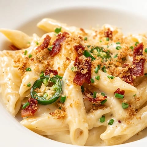 Spicy Jalapeño Popper Pasta in a creamy cheddar sauce, topped with crunchy bacon bits and fresh chives.