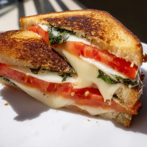 A close-up of a crispy Tomato Basil Grilled Cheese sandwich, with melted mozzarella and ripe tomato on rustic bread.  