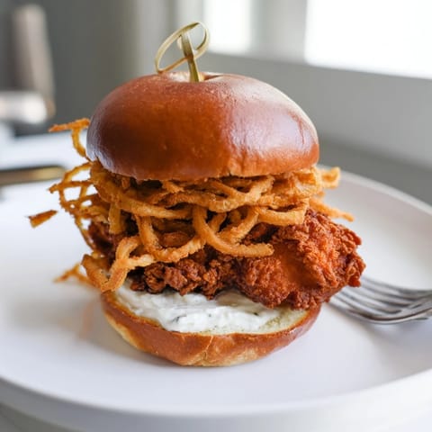 Crispy Onion Chicken Sandwich stacked high with juicy fried chicken, golden onions, and creamy aioli on a toasted brioche bun.