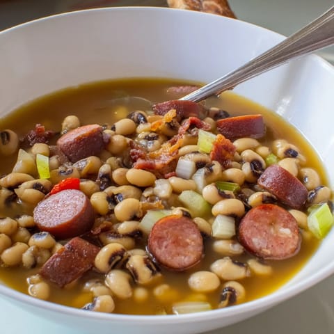 Hearty Southern-Style Black-Eyed Peas served in a rustic bowl, garnished with fresh parsley and a side of cornbread.