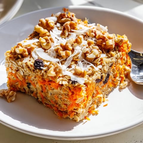 A close-up of moist carrot cake baked oatmeal with shredded carrots and coconut flakes, highlighting the warm spices and hearty texture in a rustic kitchen setting.