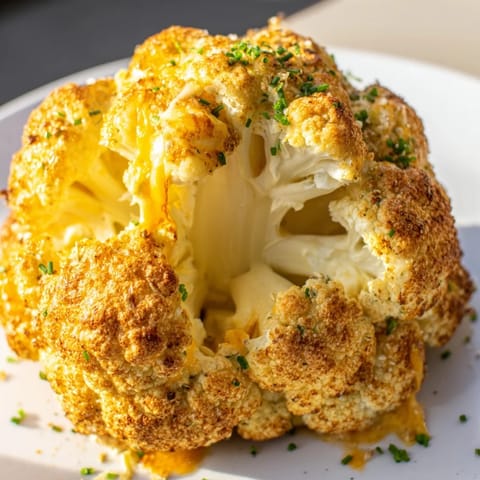Sliced wedge of Cheesy Stuffed Cauliflower Head reveals creamy, melty center, garnished with fresh chives on a wooden serving board.
