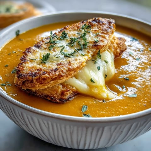 Close-up of Creamy Broccoli and Butternut Squash Soup with Pastries showing a velvety orange-green soup topped with a golden brie and cheddar puff pastry.
