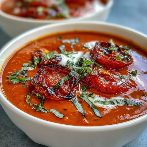 Silky smooth Roasted Tomato Basil Soup served hot in a rustic bowl with crunchy croutons.