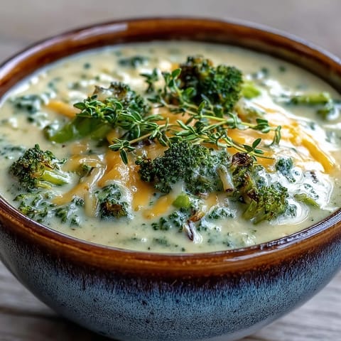 A hearty mug of Roasted Broccoli Cheddar Soup garnished with sharp cheddar and fresh thyme leaves.