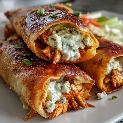 Freshly fried Buffalo Chicken Egg Rolls display crispy wrappers, showcasing a filling of shredded chicken and melted cheese with celery.