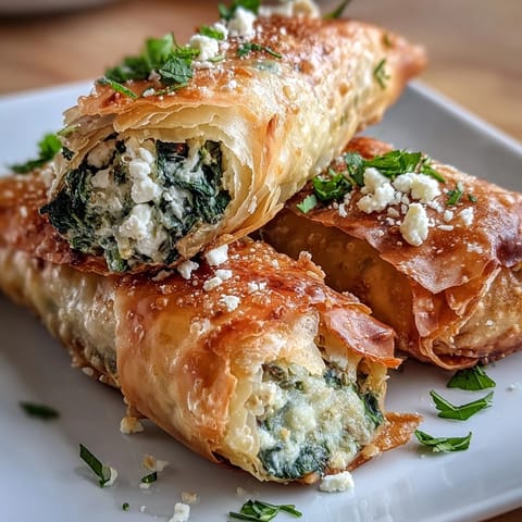 Crispy fried Spanakopita Spring Rolls stacked on a napkin-lined basket with a side of tzatziki.